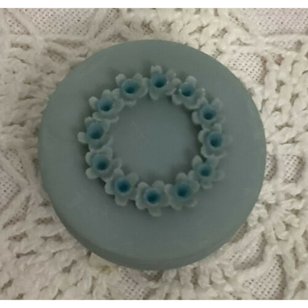 Vintage Round Porcelain Trinket Box With Procelain Flowers Blue 1.75”